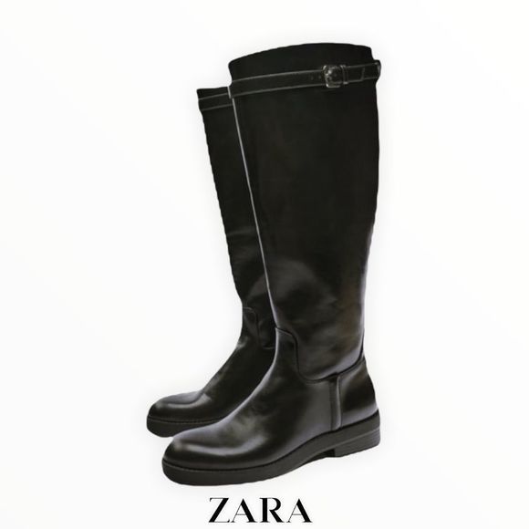 ZARA Women | Black | Flat Boots with Buckles - Picture 1 of 5